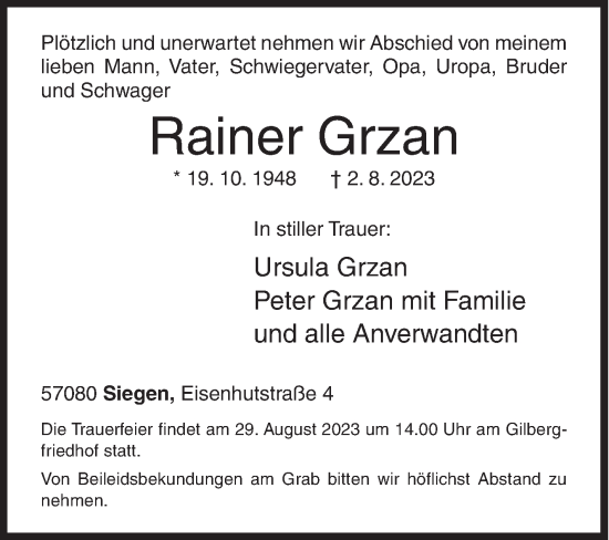Traueranzeige von Rainer Grzan von Siegener Zeitung