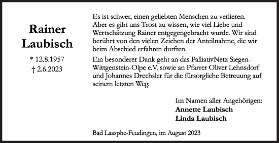 Traueranzeige von Rainer Laubisch von Siegener Zeitung