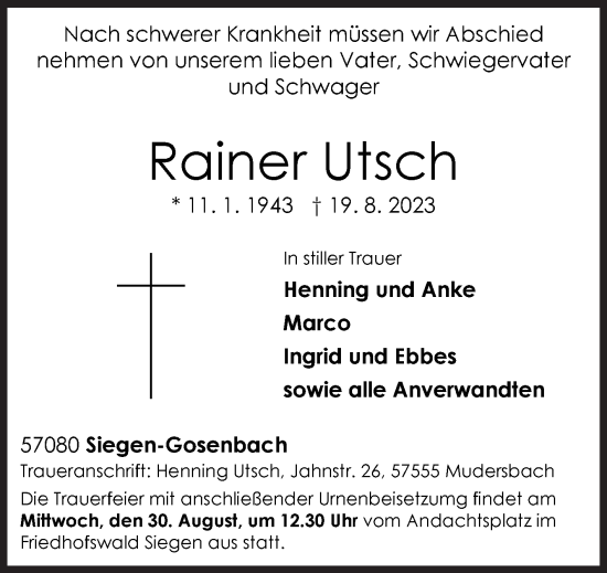 Traueranzeige von Rainer Utsch von Siegener Zeitung