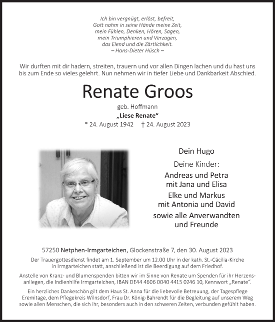 Traueranzeige von Renate Groos von Siegener Zeitung