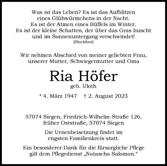 Traueranzeige von Ria Höfer von Siegener Zeitung