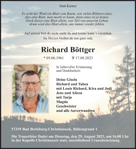 Traueranzeige von Richard Böttger von Siegener Zeitung