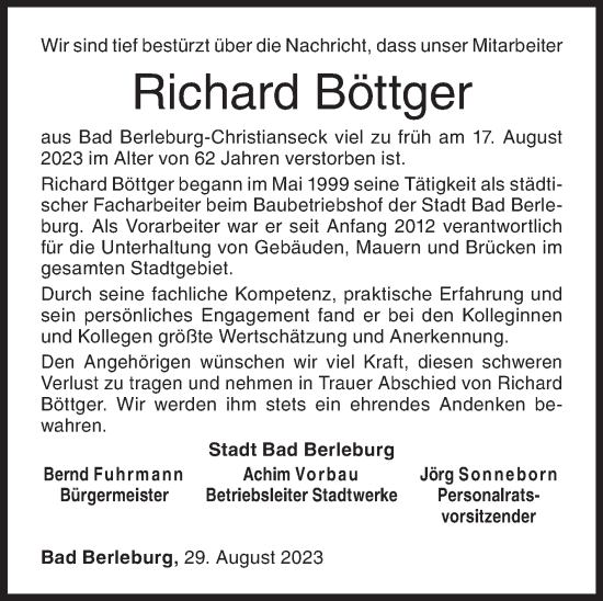 Traueranzeige von Richard Böttger von Siegener Zeitung