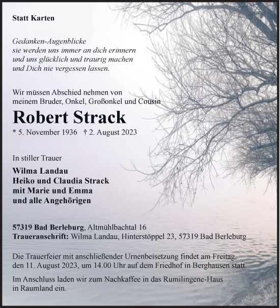 Traueranzeige von Robert Strack von Siegener Zeitung