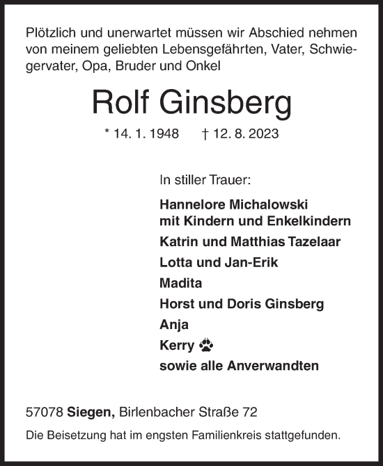 Traueranzeige von Rolf Ginsberg von Siegener Zeitung