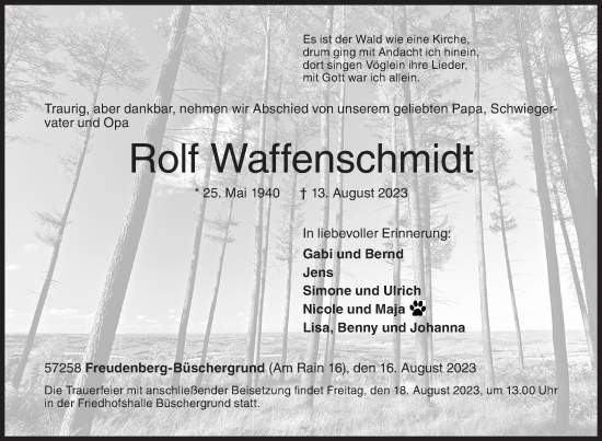 Traueranzeige von Rolf Waffenschmidt von Siegener Zeitung
