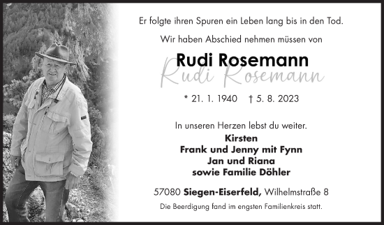 Traueranzeige von Rudi Rosemann von Siegener Zeitung
