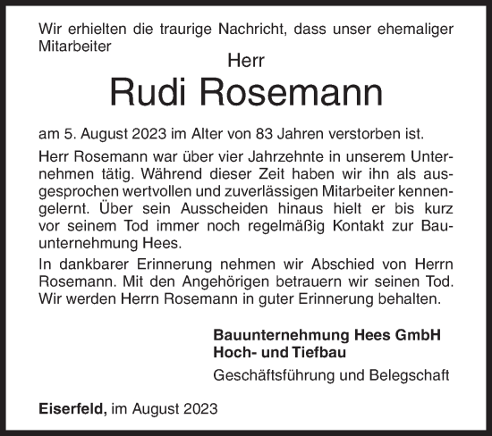 Traueranzeige von Rudi Rosemann von Siegener Zeitung
