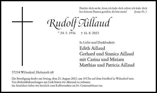 Traueranzeige von Rudolf Aillaud von Siegener Zeitung