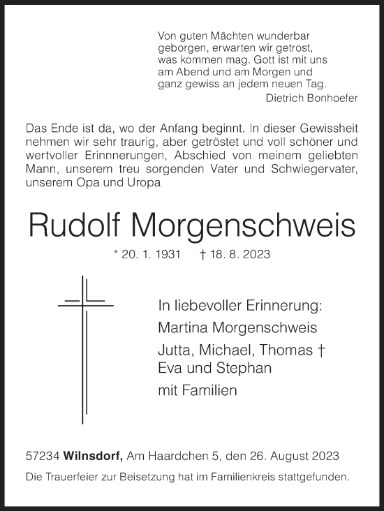 Traueranzeige von Rudolf Morgenschweis von Siegener Zeitung