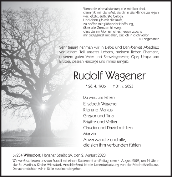 Traueranzeige von Rudolf Wagener von Siegener Zeitung