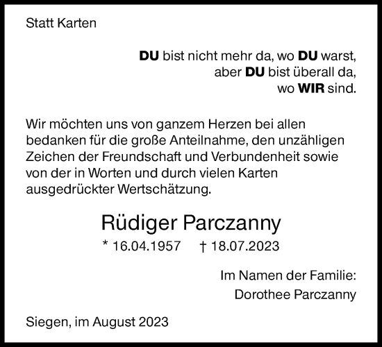 Traueranzeige von Rüdiger Parczanny von Siegener Zeitung