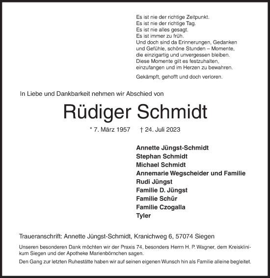Traueranzeige von Rüdiger Schmidt von Siegener Zeitung