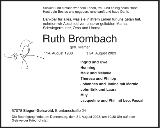 Traueranzeige von Ruth Brombach von Siegener Zeitung