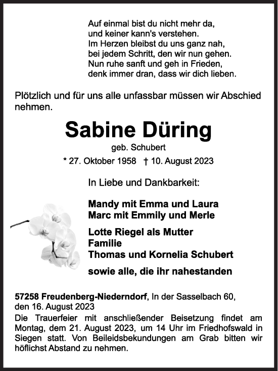 Traueranzeige von Sabine Düring von Siegener Zeitung
