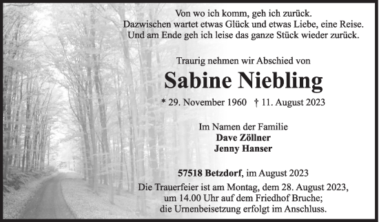 Traueranzeige von Sabine Niebling von Siegener Zeitung