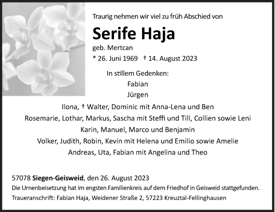 Traueranzeige von Serife Haja von Siegener Zeitung