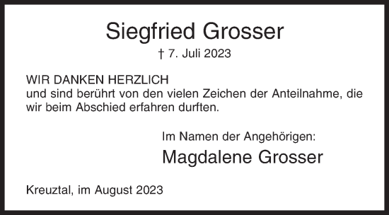 Traueranzeige von Siegfried Grosser von Siegener Zeitung