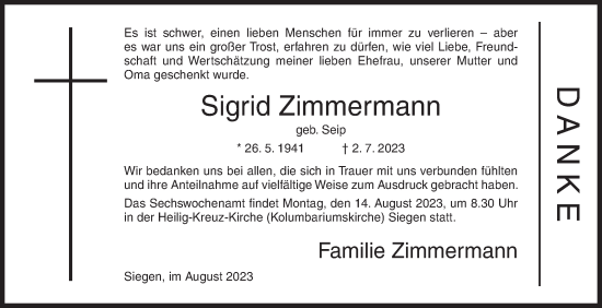 Traueranzeige von Sigrid Zimmermann von Siegener Zeitung