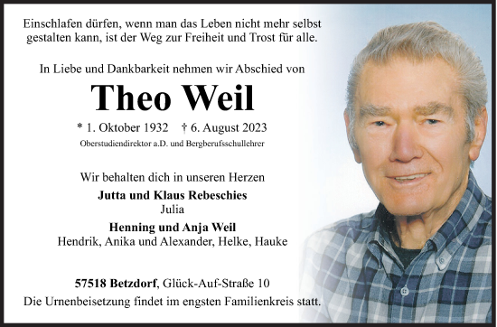 Traueranzeige von Theo Weil von Siegener Zeitung