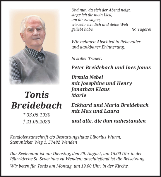 Traueranzeige von Tonis Breidebach von Siegener Zeitung