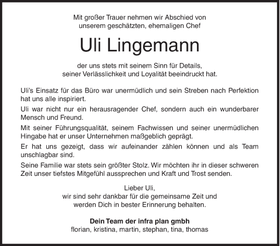 Traueranzeige von Uli Lingemann von Siegener Zeitung