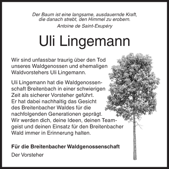Traueranzeige von Uli Lingemann von Siegener Zeitung