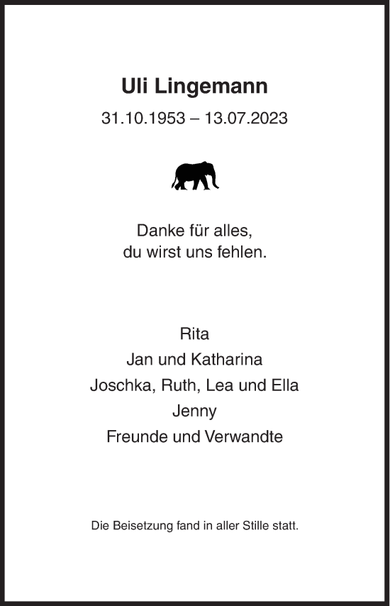 Traueranzeige von Uli Lingemann von Siegener Zeitung