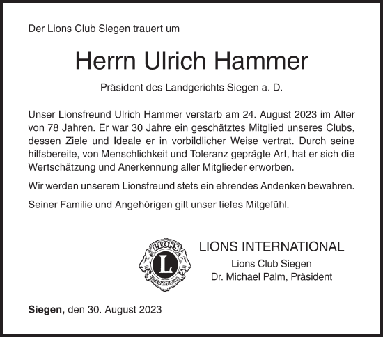 Traueranzeige von Ulrich Hammer von Siegener Zeitung
