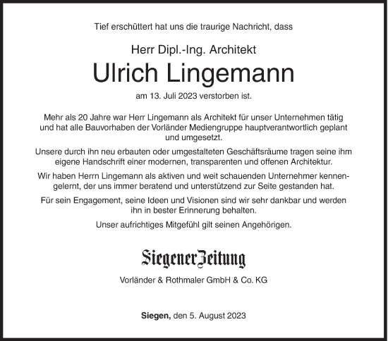 Traueranzeige von Ulrich Lingemann von Siegener Zeitung