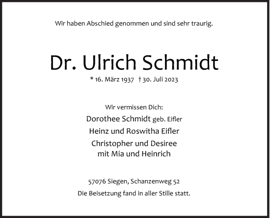 Traueranzeige von Ulrich Schmidt von Siegener Zeitung