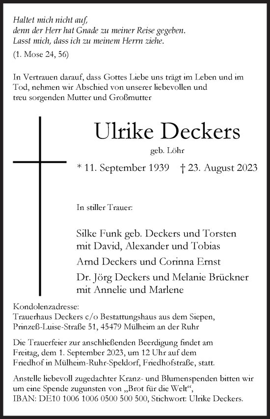 Traueranzeige von Ulrike Deckers von Siegener Zeitung