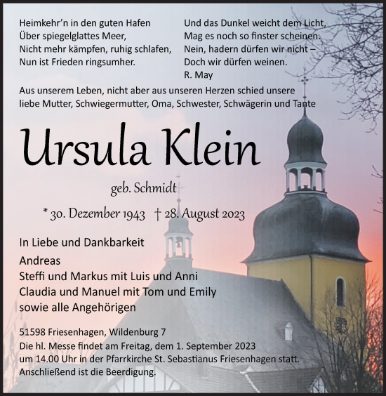 Traueranzeige von Ursula Klein von Siegener Zeitung