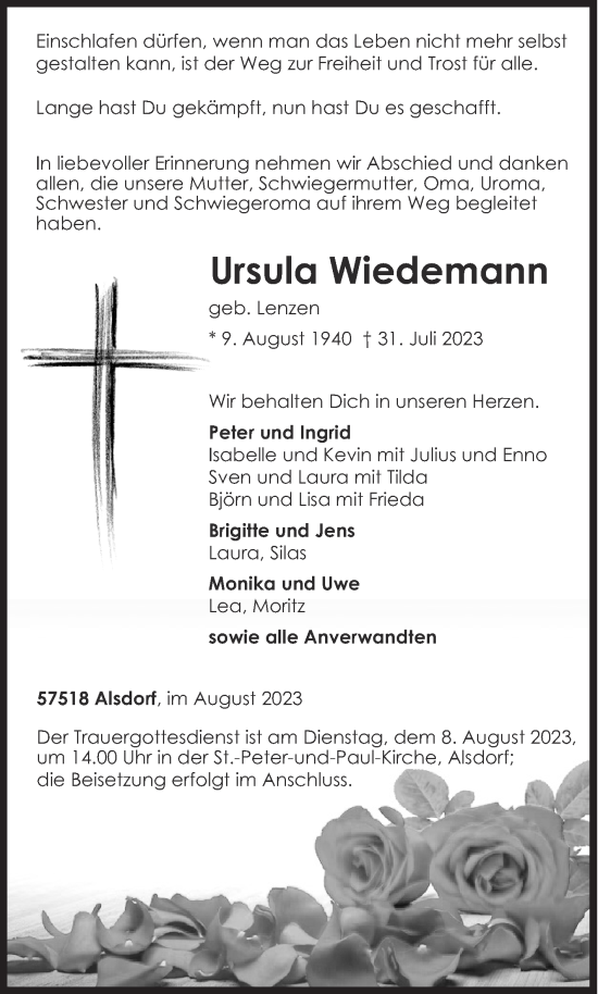 Traueranzeige von Ursula Wiedemann von Siegener Zeitung