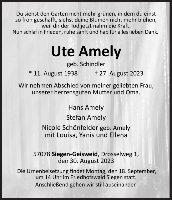 Traueranzeige von Ute Amely von Siegener Zeitung