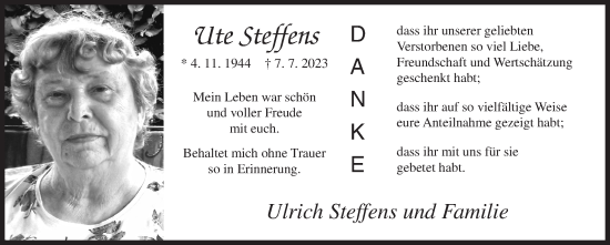 Traueranzeige von Ute Steffens von Siegener Zeitung