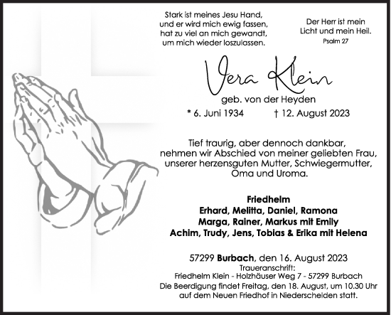 Traueranzeige von Vera Klein von Siegener Zeitung