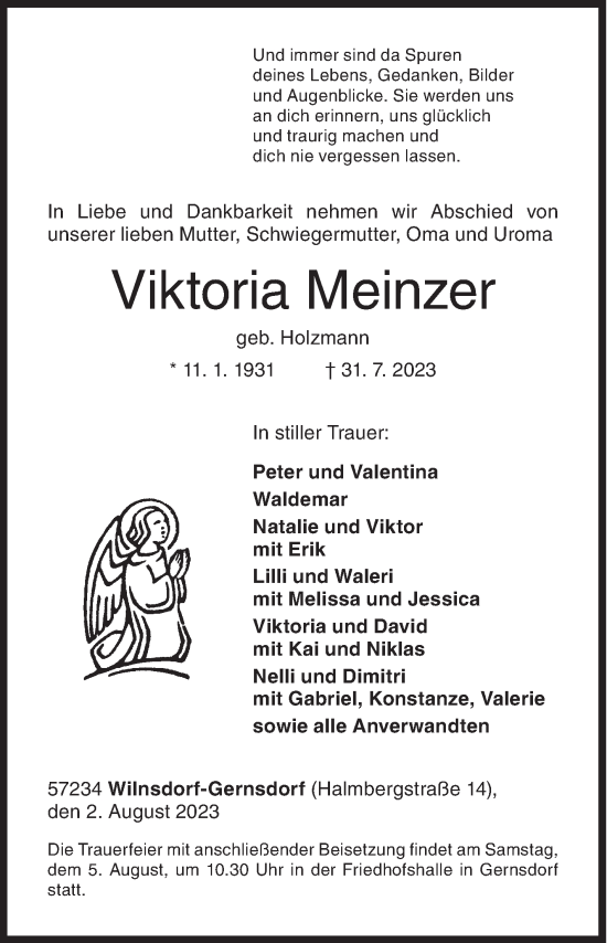 Traueranzeige von Viktoria Meinzer von Siegener Zeitung