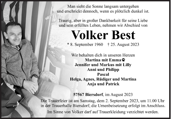 Traueranzeige von Volker Best von Siegener Zeitung