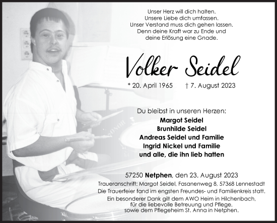 Traueranzeige von Volker Seidel von Siegener Zeitung