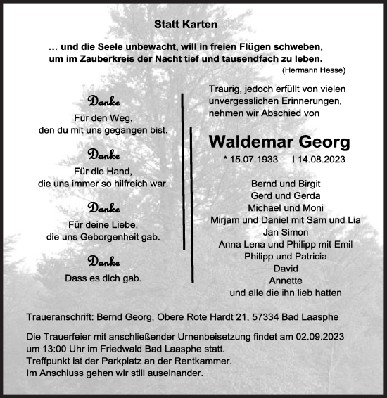 Traueranzeige von Waldemar Georg von Siegener Zeitung