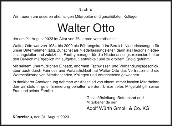 Traueranzeige von Walter Otto von Siegener Zeitung