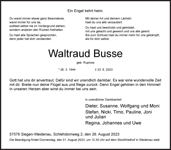 Traueranzeige von Waltraud Busse von Siegener Zeitung