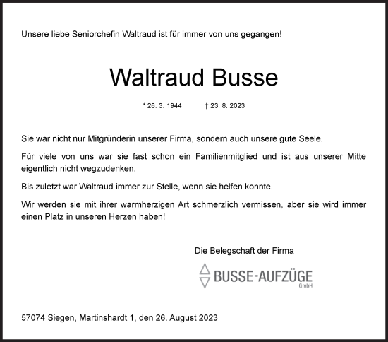 Traueranzeige von Waltraud Busse von Siegener Zeitung
