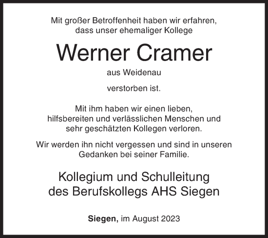Traueranzeige von Werner Cramer von Siegener Zeitung