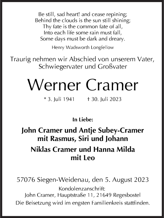 Traueranzeige von Werner Cramer von Siegener Zeitung