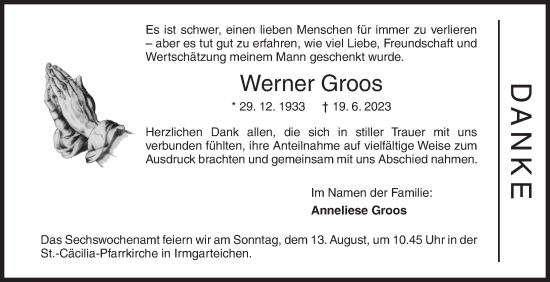 Traueranzeige von Werner Groos von Siegener Zeitung