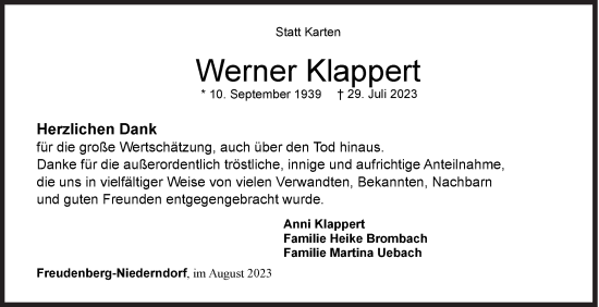 Traueranzeige von Werner Klappert von Siegener Zeitung