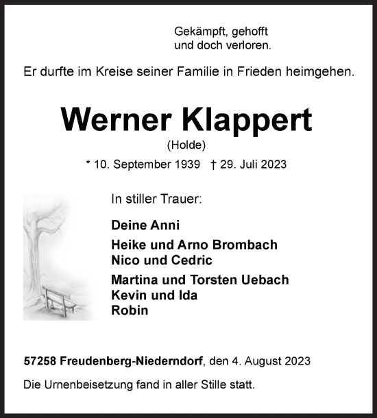 Traueranzeige von Werner Klappert von Siegener Zeitung