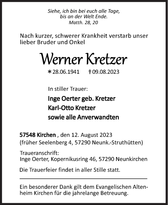 Traueranzeige von Werner Kretzer von Siegener Zeitung